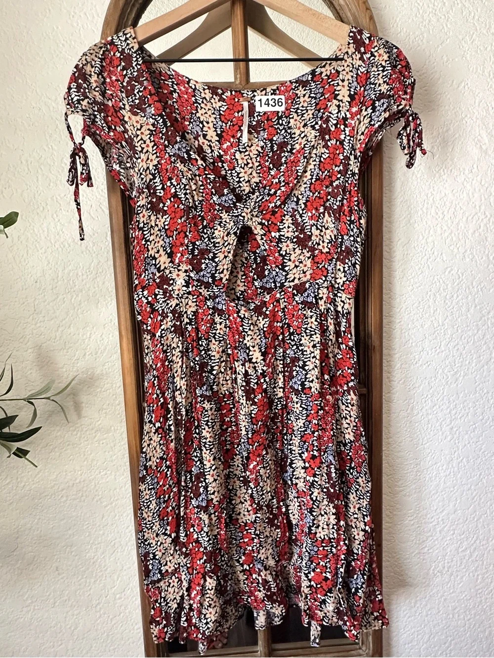 Free People Floral Cutout Mini Dress XS Boho Prairie Tie Sleeve Pockets